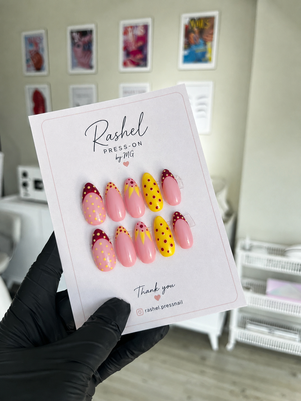 Rashel Press-On by MG - sarı bordo puantiyeli set kartvizit