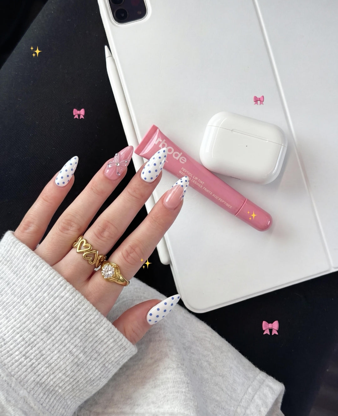 Polka Dot & Pembe Çiçek Press-On Nail Set