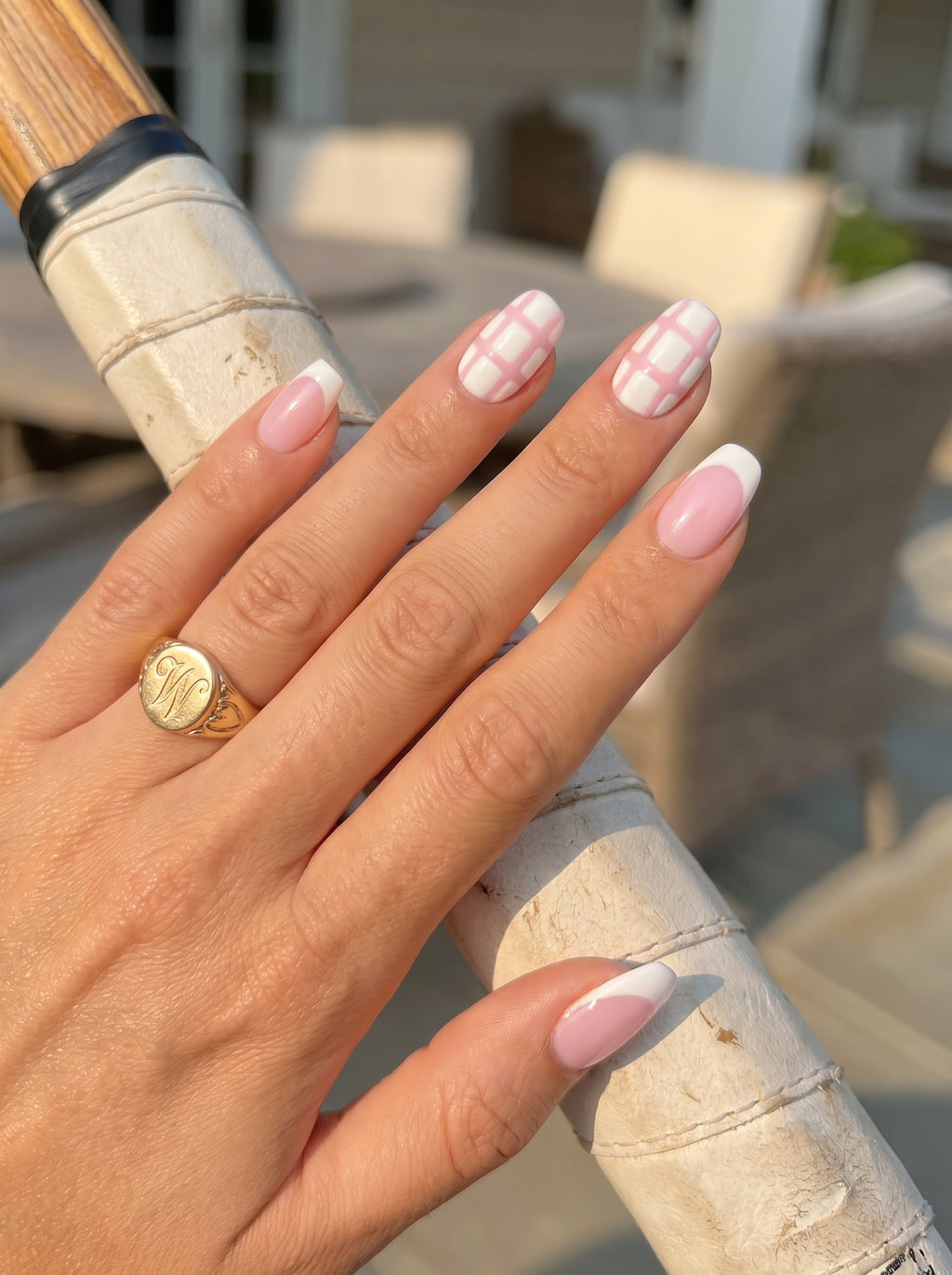 Pink plaid press-on nails - outdoor